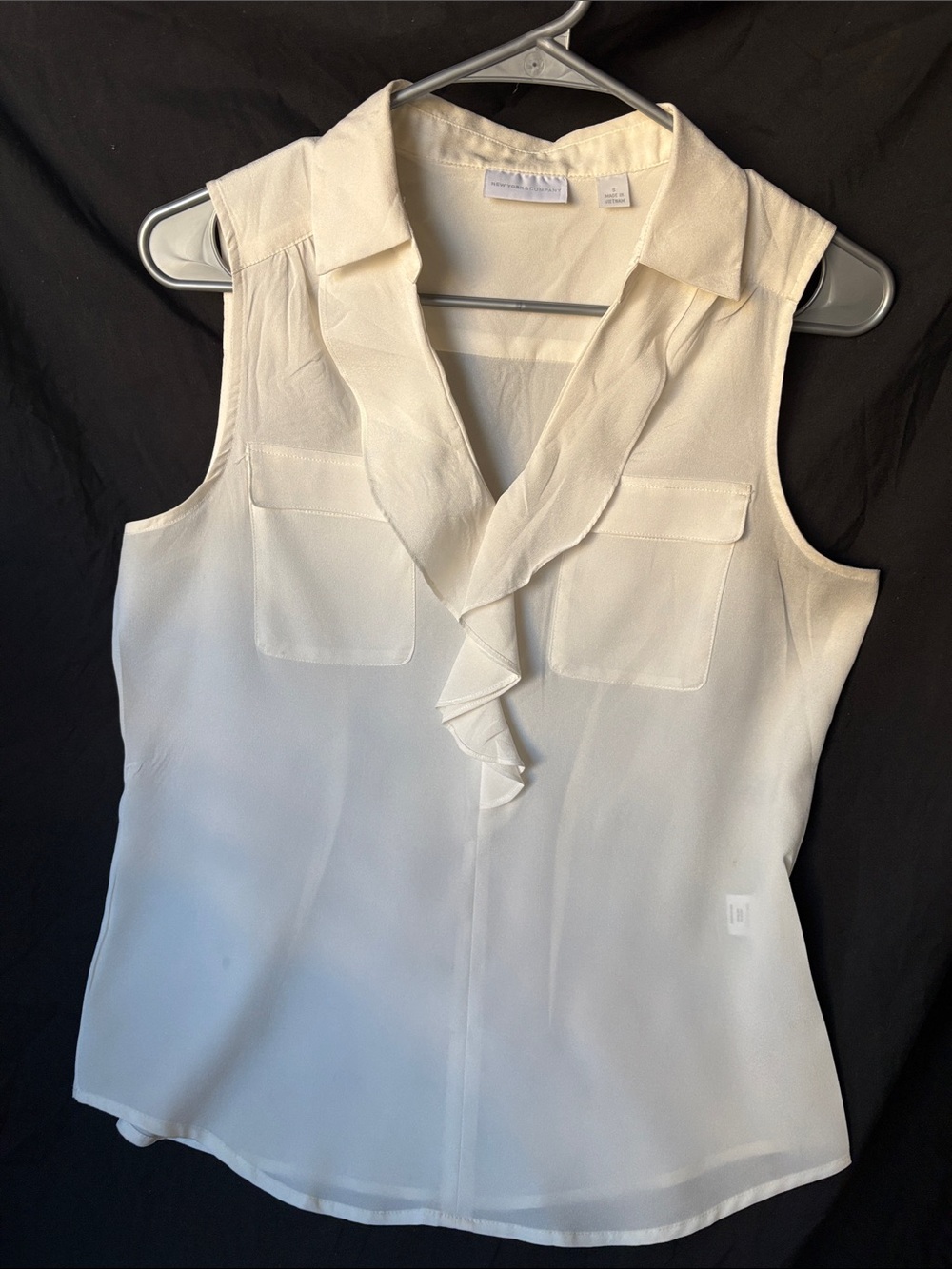New York & Company Cream Ruffle V-Neck Sleeveless Blouse
